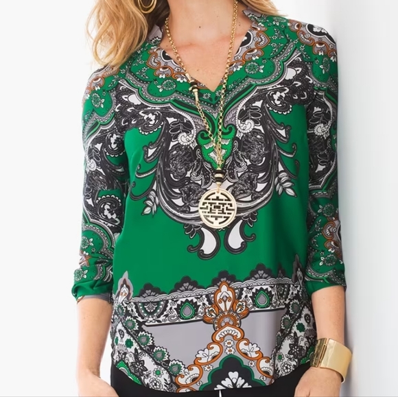 Chico's Paisley Peasant Top Size 2 - Picture 2 of 7
